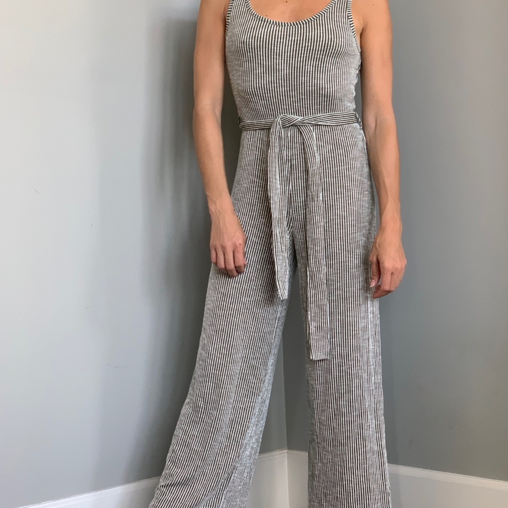 NWT SM Ribbed Pinstripe Jumpsuit Olive & Cream